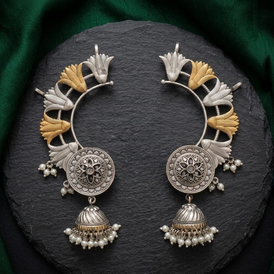 German Silver Lotus Jhumka Hoop Earrings for Women | Lady Zone