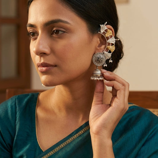 German Silver Lotus Jhumka Hoop Earrings for Women | Lady Zone