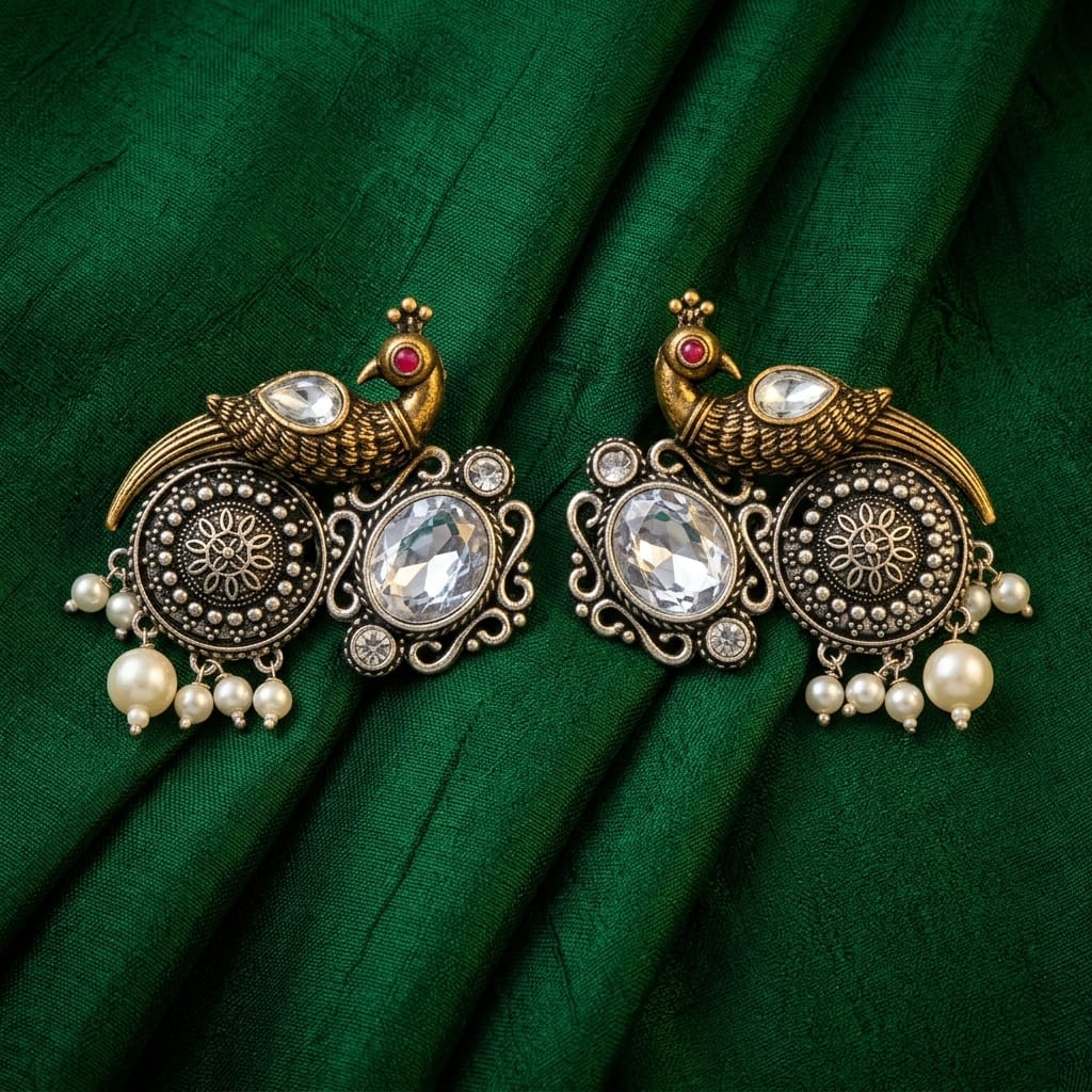 German Silver Oxidized Peacock Pearl Statement Earrings for Women | Lady Zone