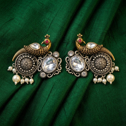 German Silver Oxidized Peacock Pearl Statement Earrings for Women | Lady Zone