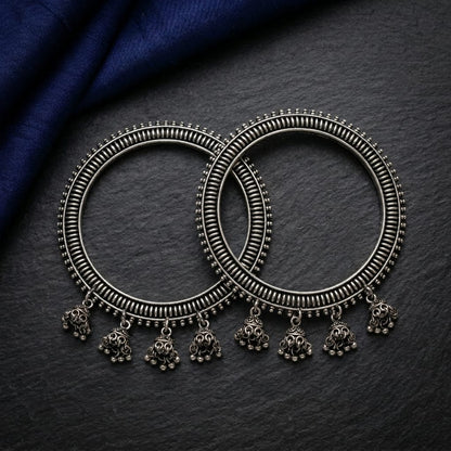 2 PC Oxidized Tribal Hoop Earrings with Mini Jhumka Charms for Women | Lady Zone