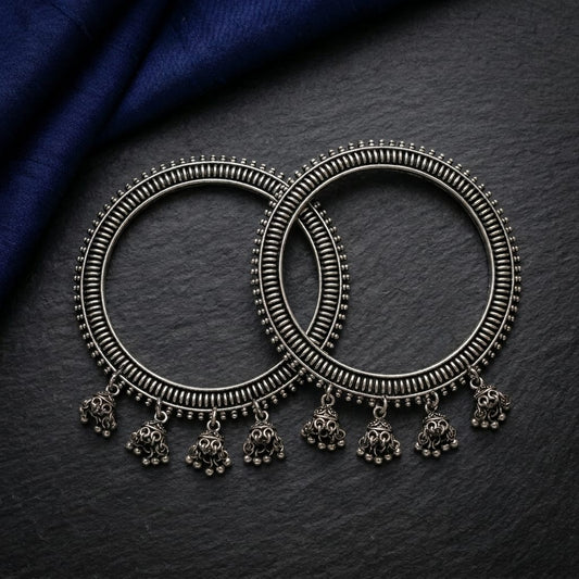2 PC Oxidized Tribal Hoop Earrings with Mini Jhumka Charms for Women | Lady Zone