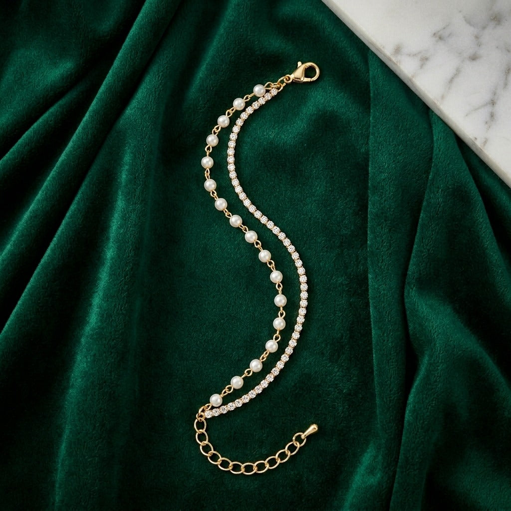 Elegant Pearl & Crystal Double Layer Bracelet for Women | Lady Zone