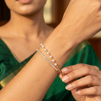 Elegant Pearl & Crystal Double Layer Bracelet for Women | Lady Zone