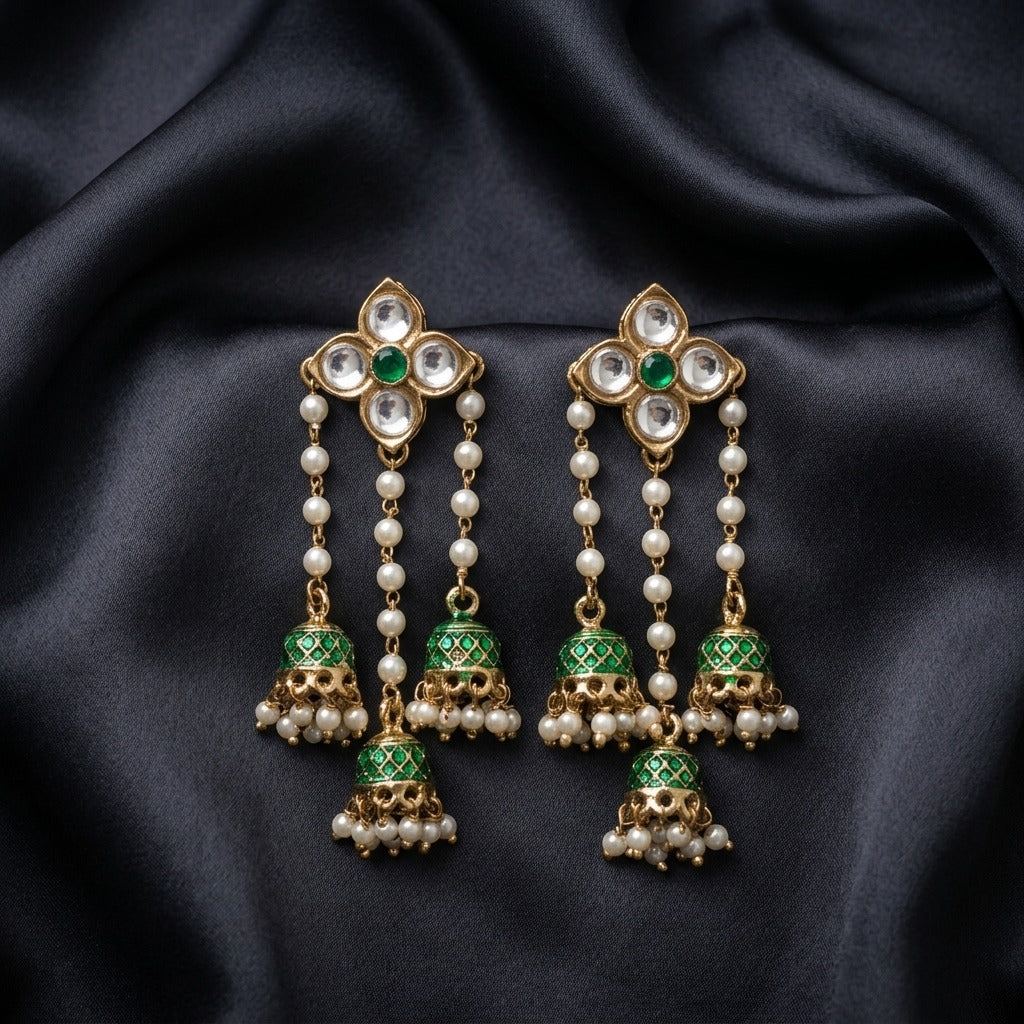 Traditional Kundan Pearl Triple Jhumki Earrings for Women