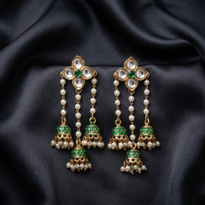 Traditional Kundan Pearl Triple Jhumki Earrings for Women