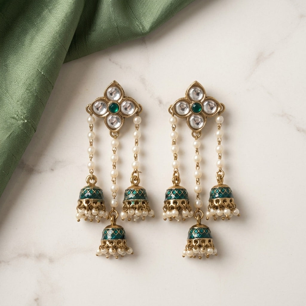 Traditional Kundan Pearl Triple Jhumki Earrings for Women