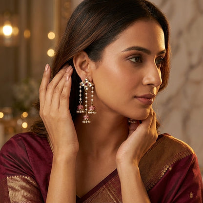 Traditional Kundan Pearl Triple Jhumki Earrings for Women