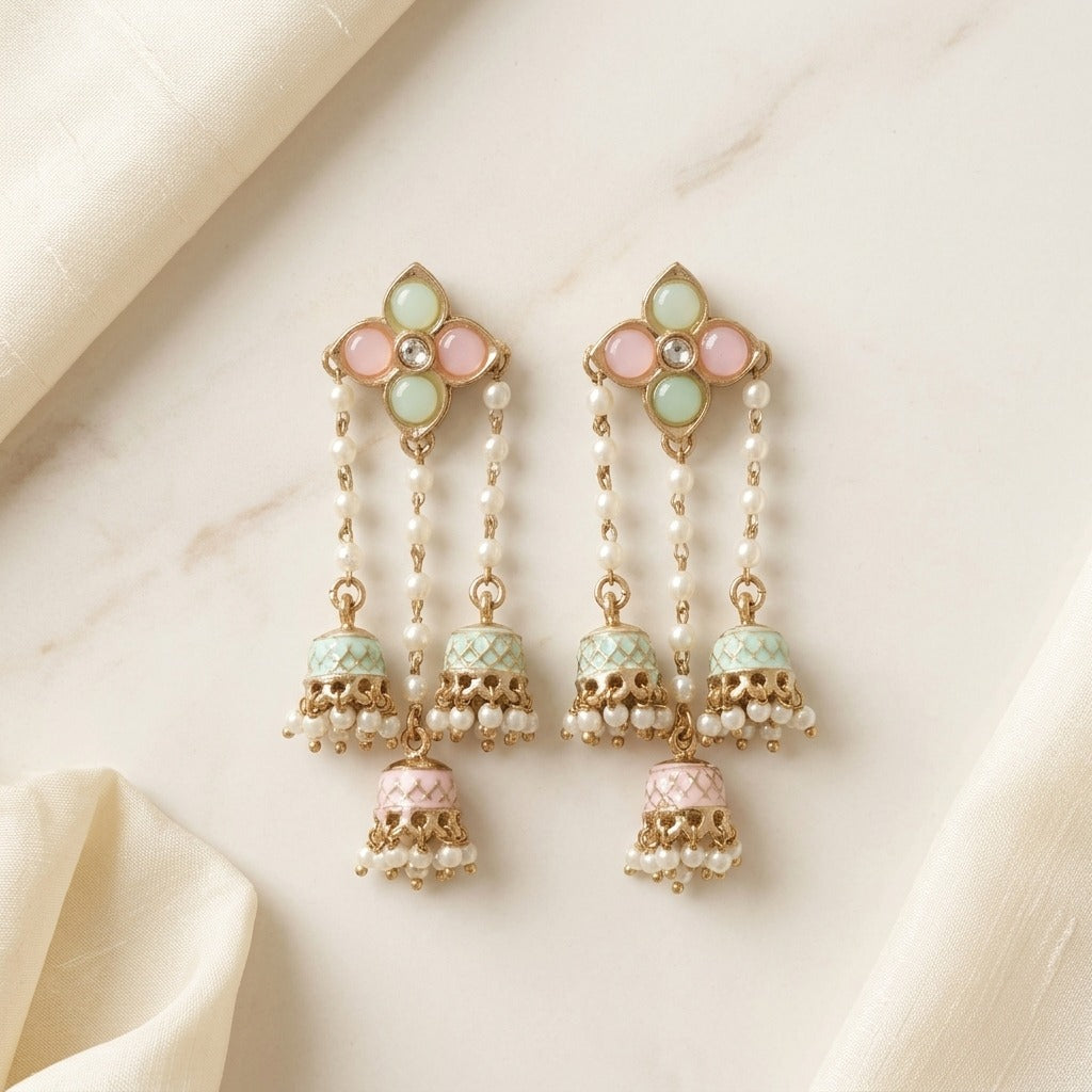 Traditional Kundan Pearl Triple Jhumki Earrings for Women