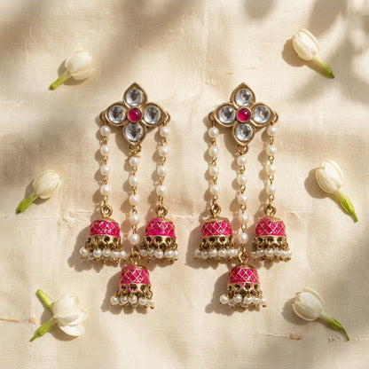 Traditional Kundan Pearl Triple Jhumki Earrings for Women