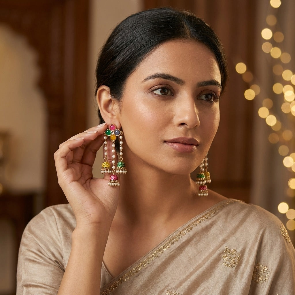 Traditional Kundan Pearl Triple Jhumki Earrings for Women