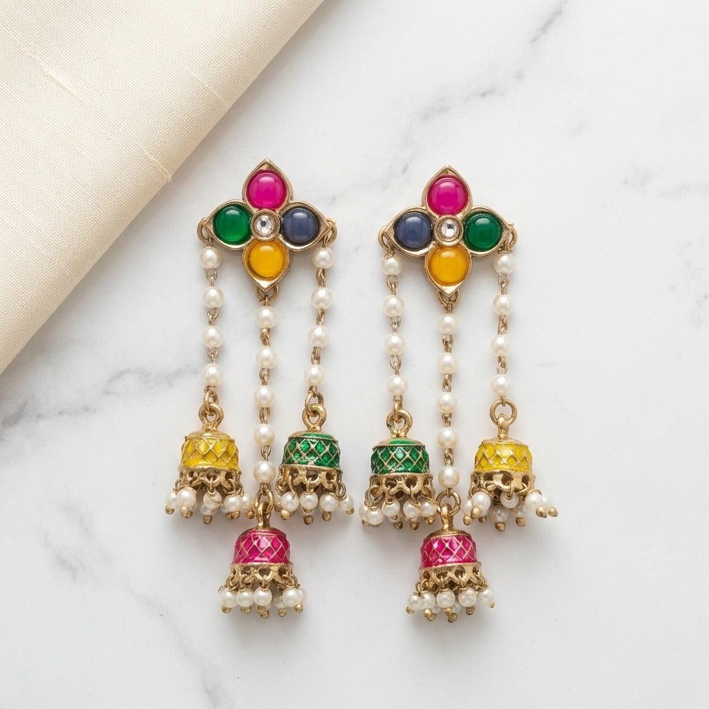Traditional Kundan Pearl Triple Jhumki Earrings for Women