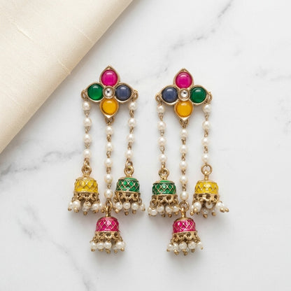 Traditional Kundan Pearl Triple Jhumki Earrings for Women
