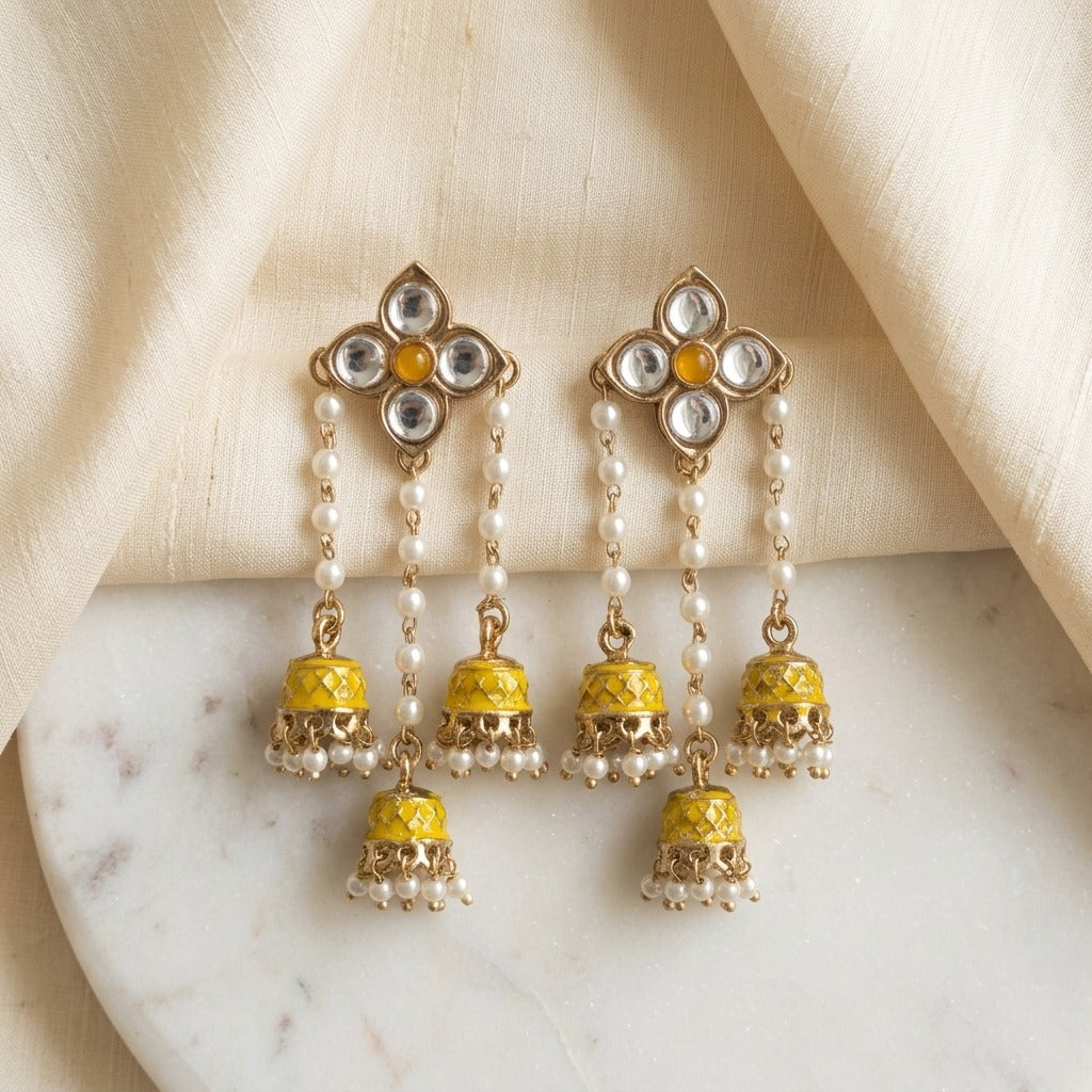 Traditional Kundan Pearl Triple Jhumki Earrings for Women
