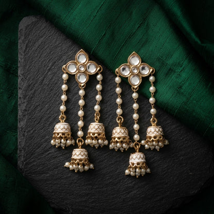 Traditional Kundan Pearl Triple Jhumki Earrings for Women