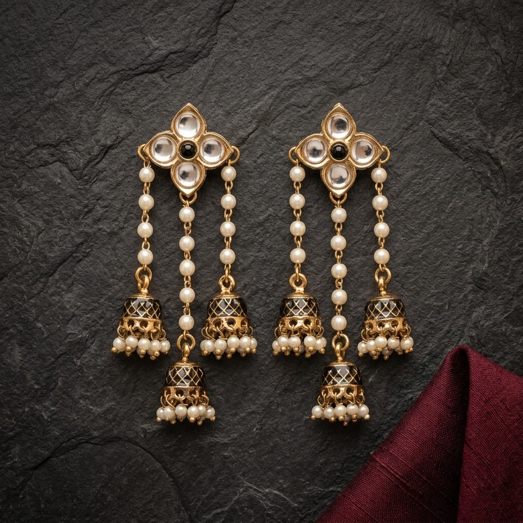 Traditional Kundan Pearl Triple Jhumki Earrings for Women