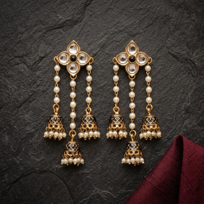 Traditional Kundan Pearl Triple Jhumki Earrings for Women