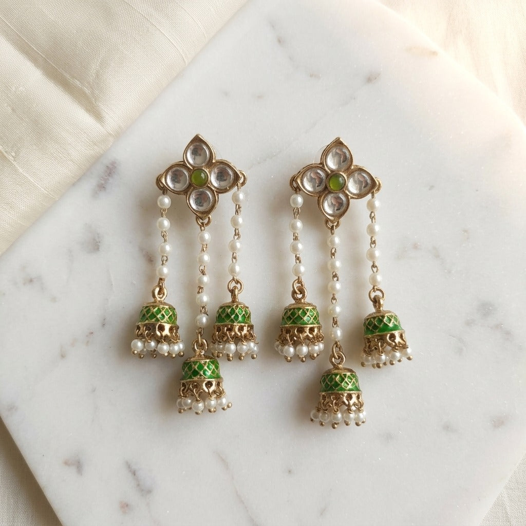 Traditional Kundan Pearl Triple Jhumki Earrings for Women