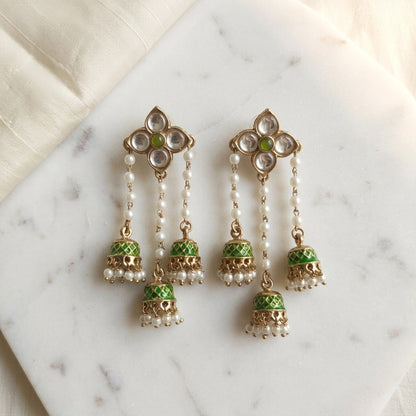 Traditional Kundan Pearl Triple Jhumki Earrings for Women