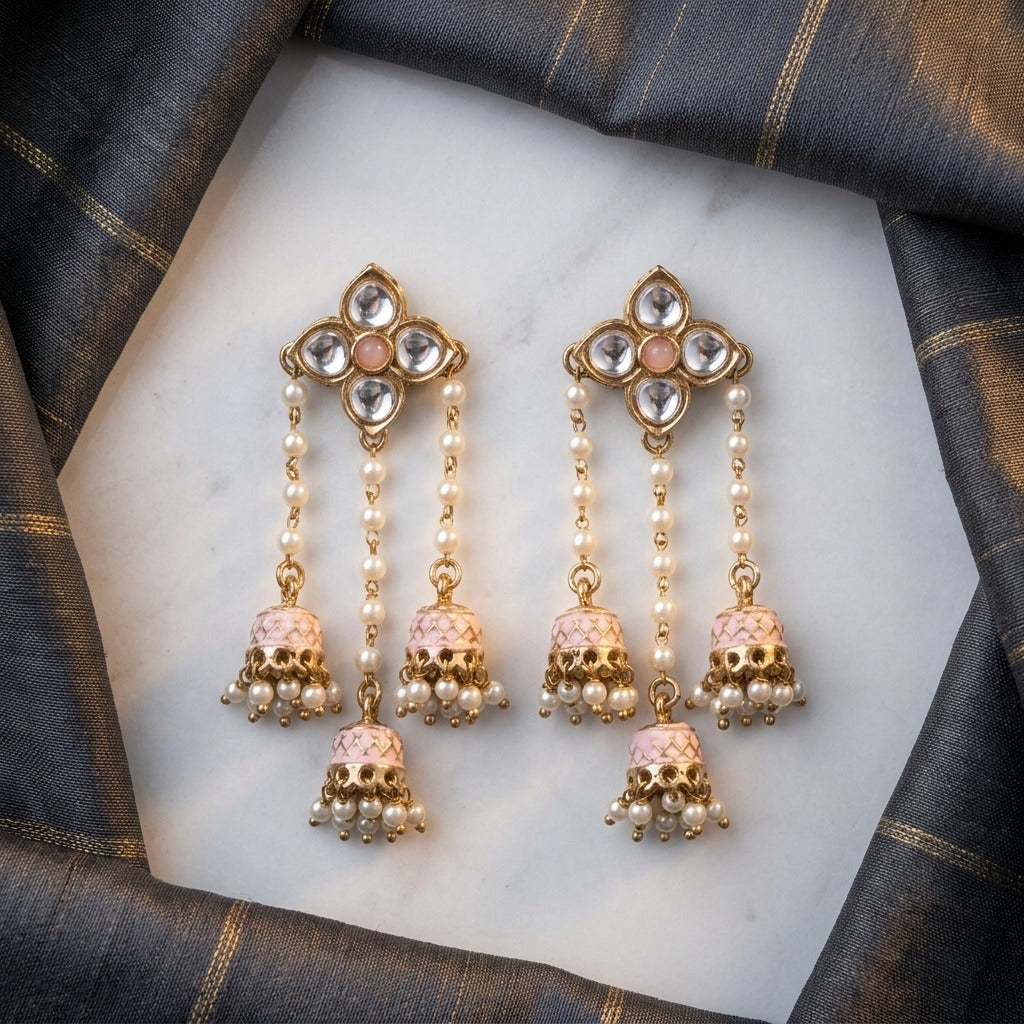 Traditional Kundan Pearl Triple Jhumki Earrings for Women