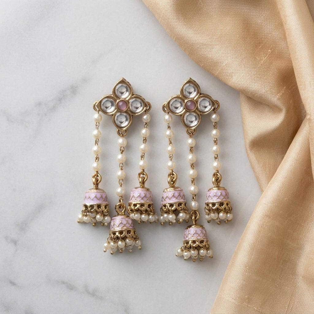 Traditional Kundan Pearl Triple Jhumki Earrings for Women