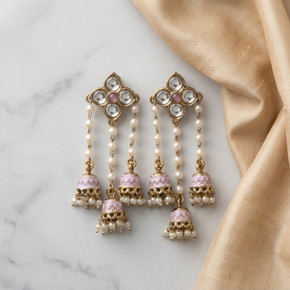 Traditional Kundan Pearl Triple Jhumki Earrings for Women