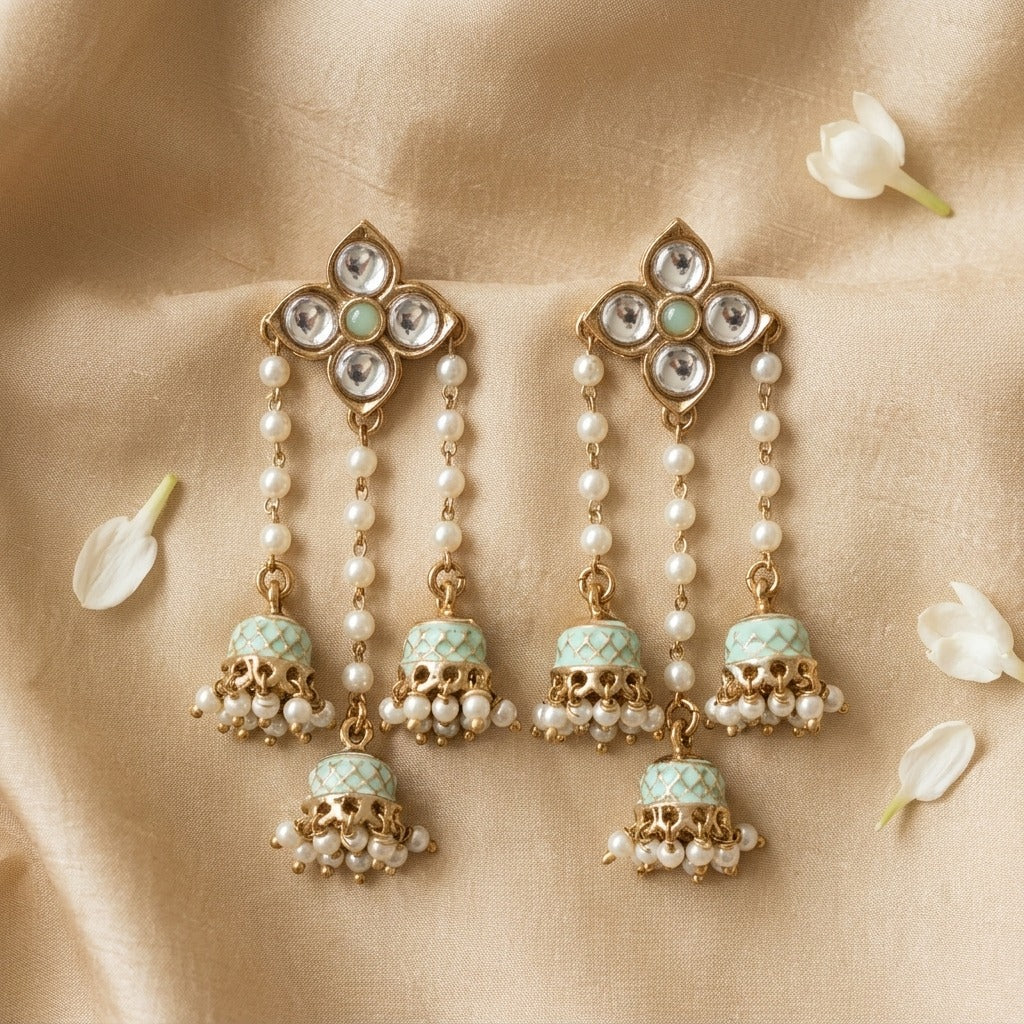 Traditional Kundan Pearl Triple Jhumki Earrings for Women