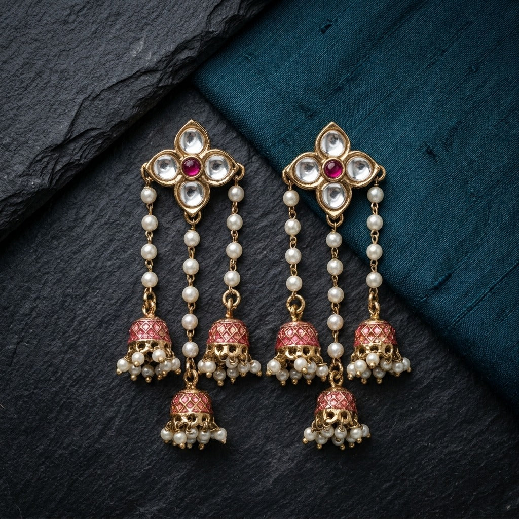 Traditional Kundan Pearl Triple Jhumki Earrings for Women