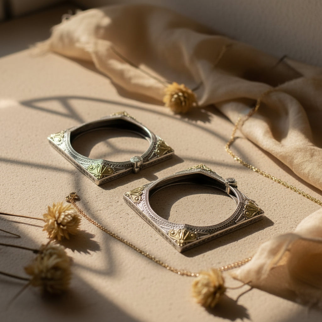2PC Openable German Silver Square Kada Bangles