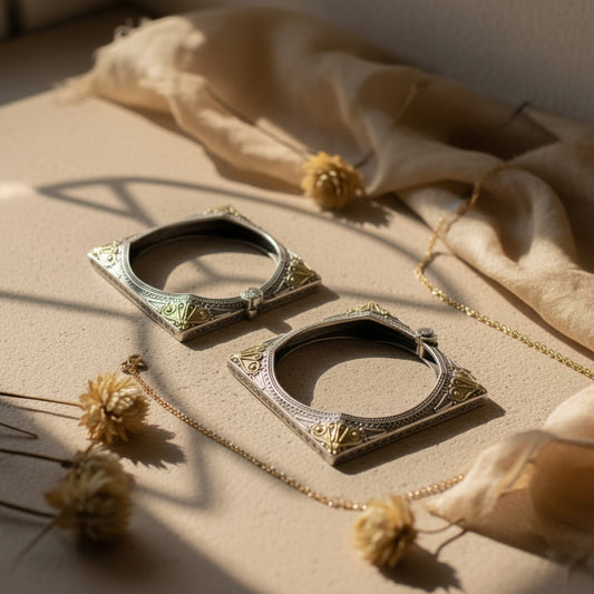 2PC Openable German Silver Square Kada Bangles