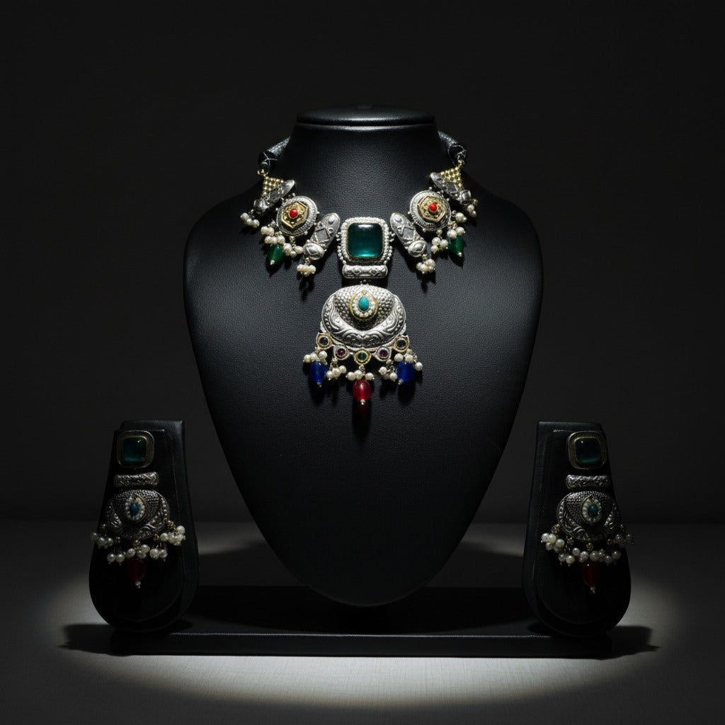 Premium Oxidised German Silver Necklace Set with Earrings