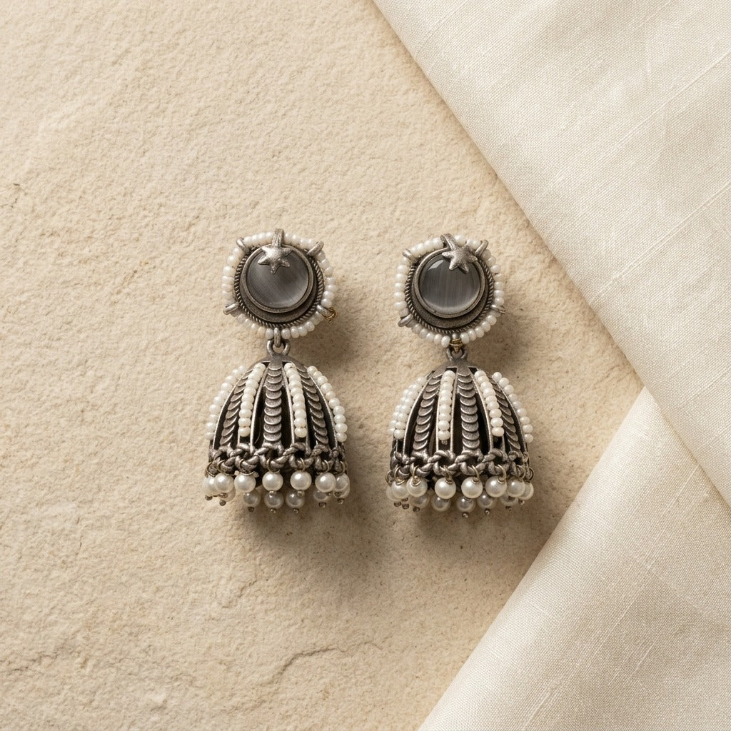 German Silver Moon Star Pearl Jhumka Earrings for Women | Lady Zone