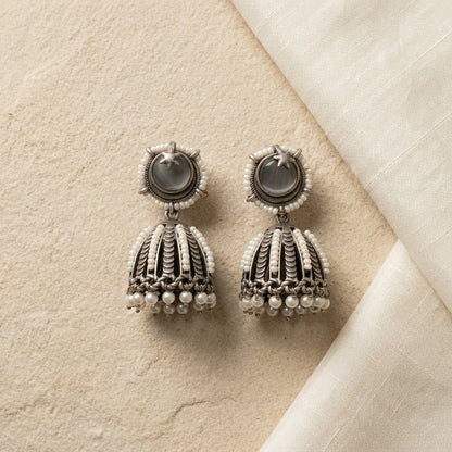 German Silver Moon Star Pearl Jhumka Earrings for Women | Lady Zone