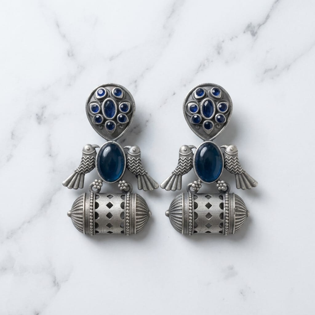 German Silver Bird Motif Lantern Drop Earrings for Women | Lady Zone