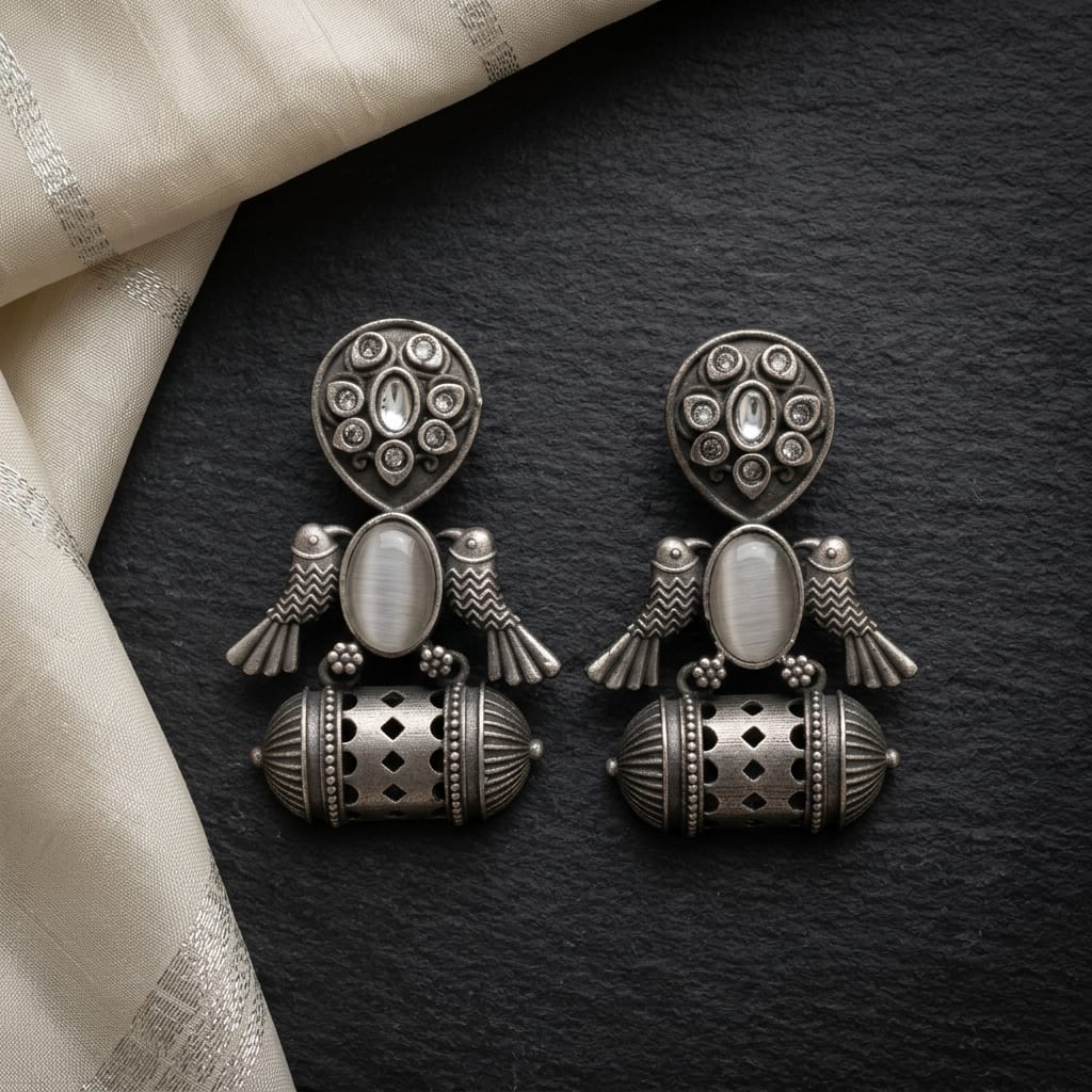 German Silver Bird Motif Lantern Drop Earrings for Women | Lady Zone