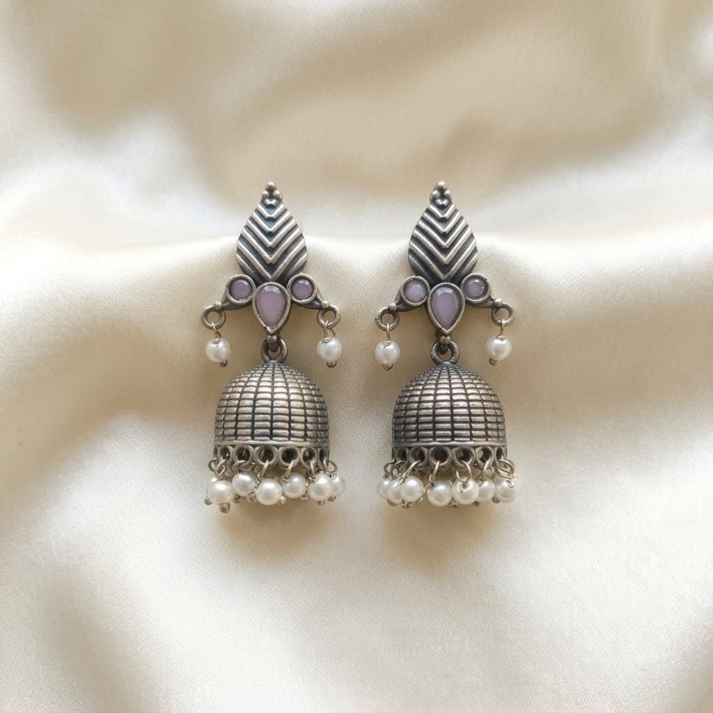 German Silver Pearl Dome Jhumka Earrings for Women | Lady Zone