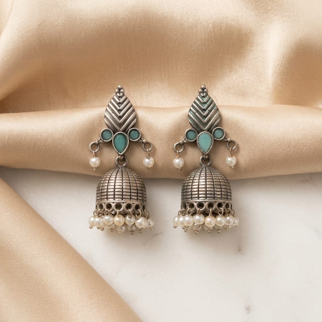 German Silver Pearl Dome Jhumka Earrings for Women | Lady Zone
