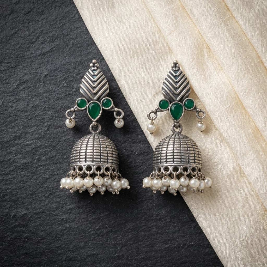 German Silver Pearl Dome Jhumka Earrings for Women | Lady Zone
