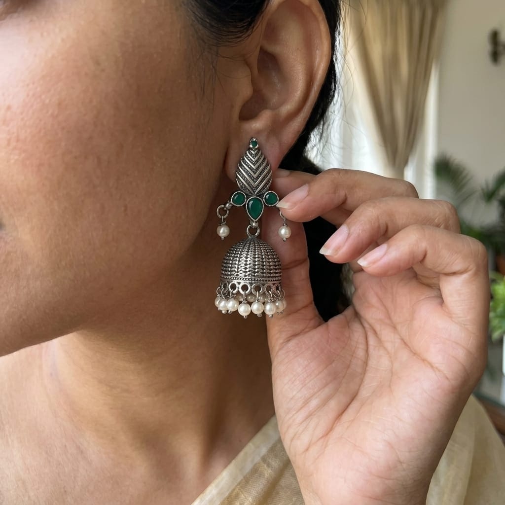 German Silver Pearl Dome Jhumka Earrings for Women | Lady Zone