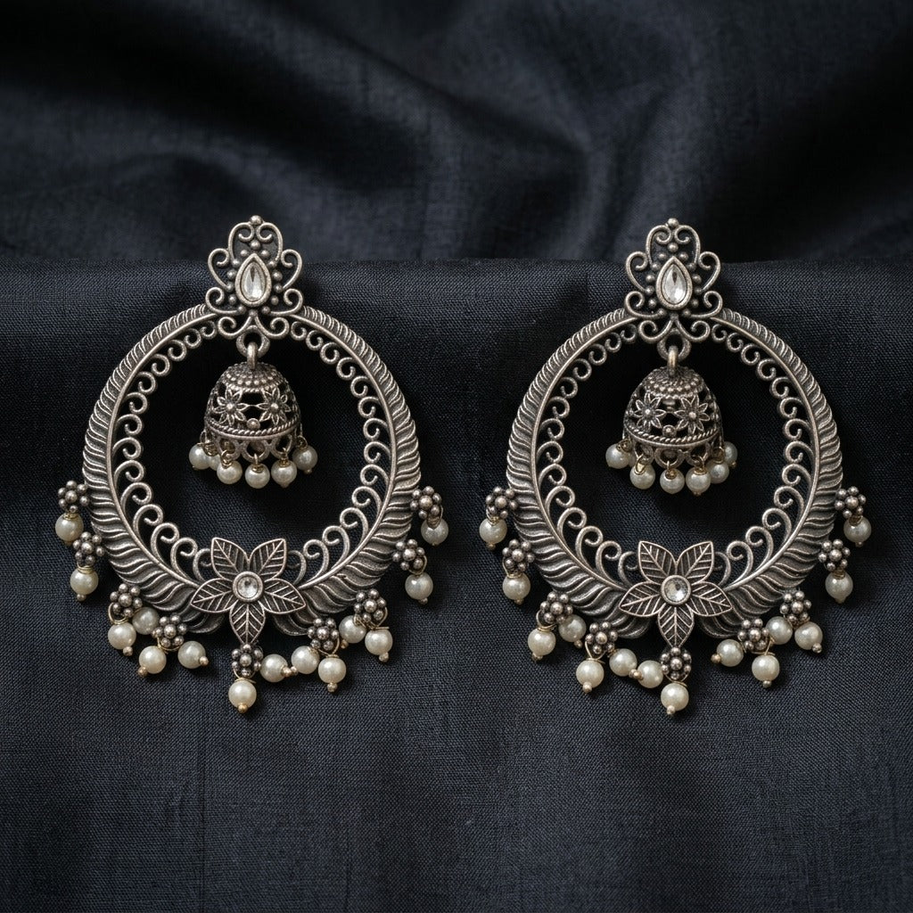 German Silver Floral Pearl Jhumka Hoop Earrings for Women | Lady Zone