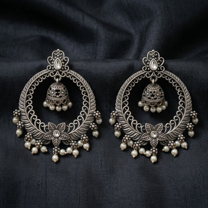 German Silver Floral Pearl Jhumka Hoop Earrings for Women | Lady Zone