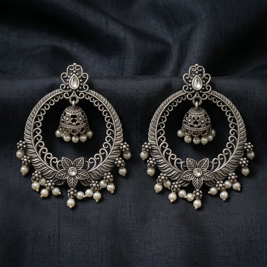 German Silver Floral Pearl Jhumka Hoop Earrings for Women | Lady Zone