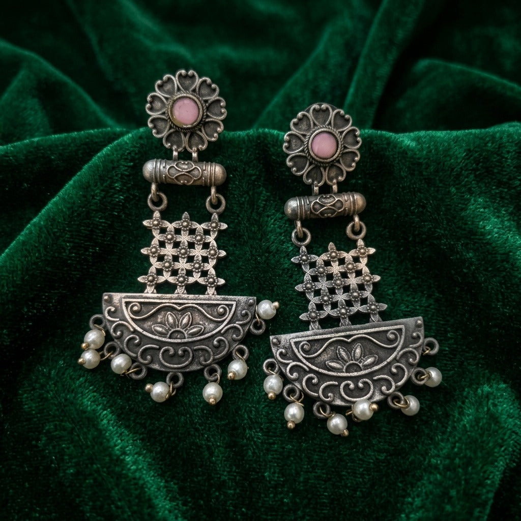 German Silver Pearl Drop Statement Chandbali Earrings for Women | Lady Zone