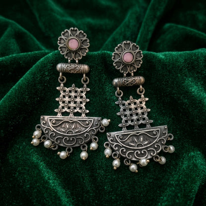 German Silver Pearl Drop Statement Chandbali Earrings for Women | Lady Zone