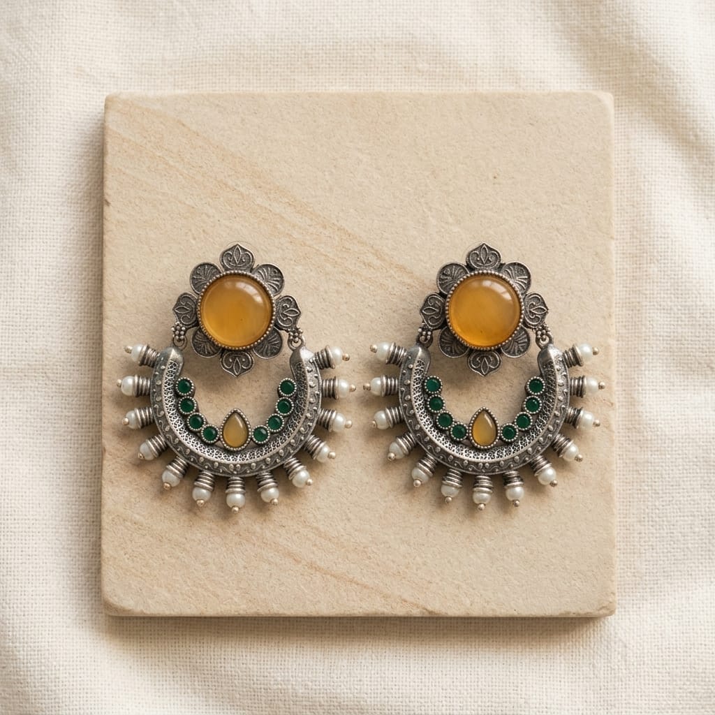 Oxidised Crescent Chandbali Earrings with Stone Detailing | Lady Zone