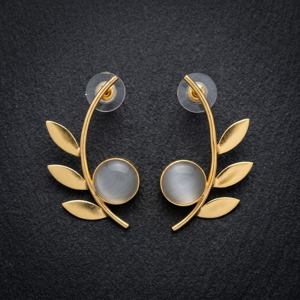 Gold Finish Green Stone Leaf Statement Earrings for Women | Lady Zone