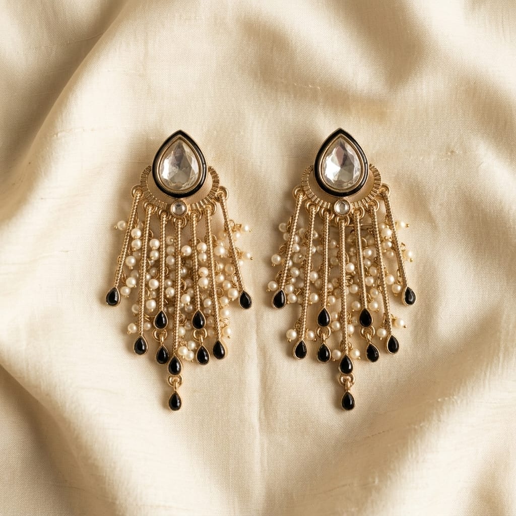 Gold Plated Kundan Pearl Tassel Earrings for Women | Lady Zone