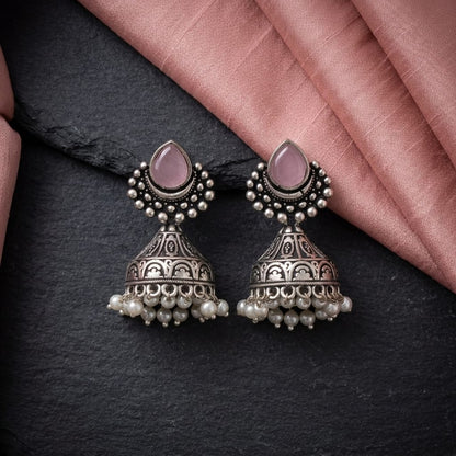 German Silver Oxidized Pearl Drop Jhumka Earrings for Women | Lady Zone