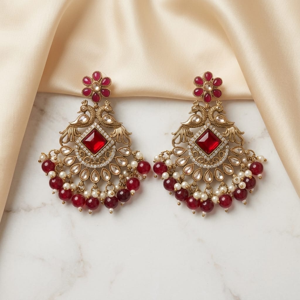Royal Antique Kundan Peacock Chandelier Earrings