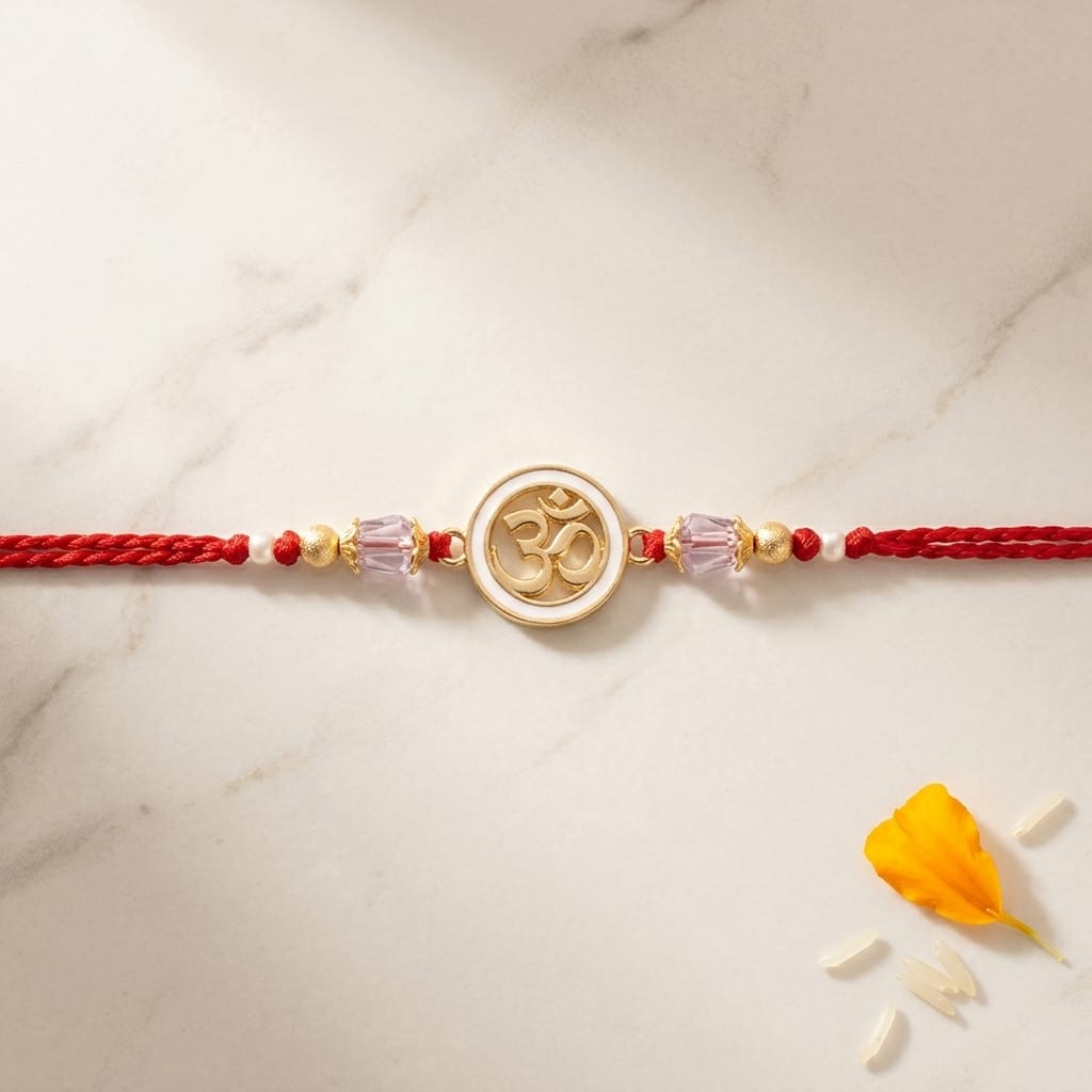 Elegant Om Enamel Rakhi with Crystal Beads